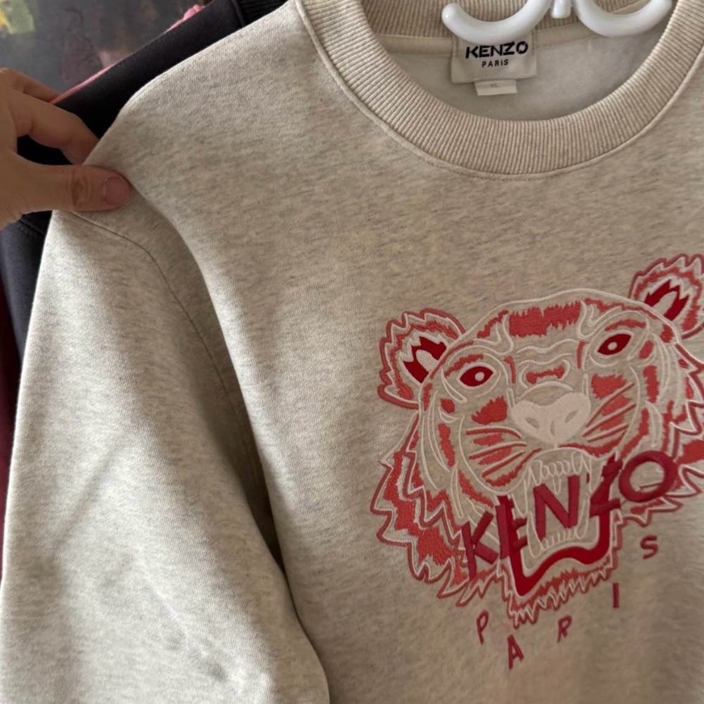 Kenzo Grey Crewneck Sweatshirt with Pink & Red Tiger Embroidery